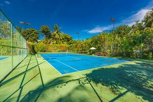 sorprendente sport e ricreativo sfondo come tennis Tribunale su tropicale paesaggio, palma alberi e blu cielo. gli sport nel tropico concetto foto