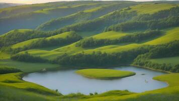 ai generato bellissimo un' verde natura foresta paesaggio e un' blu cielo di ai generato foto