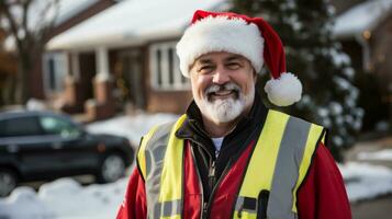 ai generato ritratto di un' anziano lavoratore uomo indossare Santa Claus cappello nel il strada foto