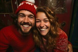 ai generato ritratto di contento giovane coppia nel Santa cappelli Abbracciare una persona ogni altro a Natale foto