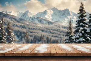 ai generato legna tavolo superiore superficie su sfocatura sfondo di montagne e pino alberi con caduta neve. ai generativo foto