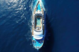 ai generato aereo Visualizza di un' carico nave andare in barca nel il blu mare, aereo superiore giù Visualizza di un' crociera nave arco in viaggio al di sopra di blu oceano, ai generato foto