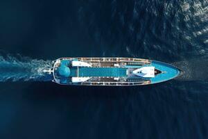 ai generato aereo Visualizza di carico nave nel in profondità blu mare. 3d rendering, aereo superiore giù Visualizza di un' crociera nave arco in viaggio al di sopra di blu oceano, ai generato foto