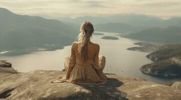 ai generato donna si siede su roccia quello sembra su al di sopra di montagne e lago, foto