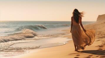 ai generato donna a piedi lungo spiaggia in direzione mare, foto