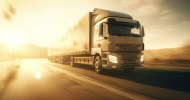 ai generato trasporto la logistica camion nel il sole, guida su strada, foto