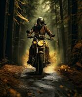 ai generato Questo Immagine Spettacoli un' uomo equitazione il suo motocicletta attraverso un' foresta, foto