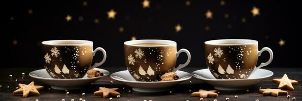 ai generato tre caffè tazze su un' tavolo con Zenzero biscotti per Natale, foto