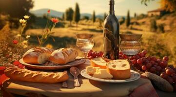 ai generato picnic tavolo a il campagna con vino e pane, foto
