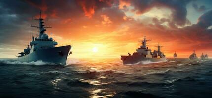 ai generato militare nave nel il oceano a tramonto, foto
