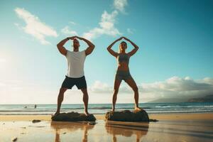 ai generato sportivo coppia praticante yoga su il spiaggia a Alba. salutare stile di vita e rilassamento concetto, adulto fitness coppia fare esercizio insieme su spiaggia, ai generato foto