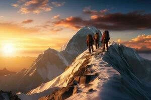 ai generato scalatori a piedi su superiore di un' montagna a tramonto, 3d rendere, un' squadra di scalatori a il superiore di un' alto montagna nel il leggero di il ambientazione sole, ai generato foto
