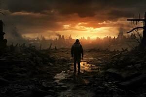 ai generato silhouette di un' uomo con un' zaino nel il distrutto città, un' soldato in marcia verso un apocalittico rovinato paesaggio, ai generato foto