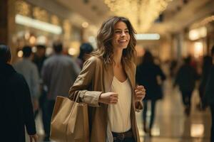 ai generato bellissimo giovane donna con shopping borse nel il shopping centro commerciale, lei è contento e sorridente, digitale illustrazione di un' femmina testa con leggero pista nel il fronte, un' lato Visualizza di foto