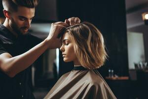 ai generato bello parrucchiere fare taglio di capelli di giovane donna nel bellezza salone, un' professionale parrucchiere abilmente taglio il capelli di un' giovane donna nel un' bellezza salone, ai generato foto