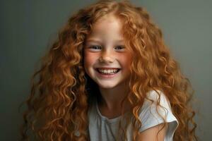 ai generato ritratto di un' bellissimo poco ragazza con lungo Riccio capelli su un' grigio sfondo, un' contento ragazza sorrisi e sua capelli sviluppa, ai generato foto