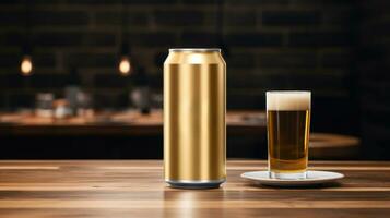 ai generato oro birra può con vuoto davanti, realistico su un' modello modello nel un' tavolo nel un' irlandesi pub, foto