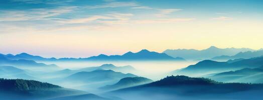 ai generato nebbia e un' montagna superiore a tramonto, foto