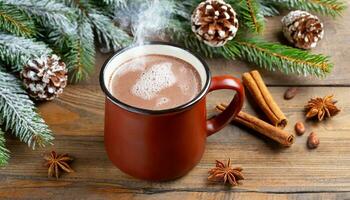 ai generato caldo cacao bevanda nel Marrone boccale con cannella, caramella, Natale inverno umore, su di legno tavolo foto