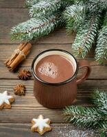 ai generato caldo cacao bevanda nel Marrone boccale con cannella, caramella, Natale inverno umore, su di legno tavolo foto