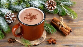 ai generato caldo cacao bevanda nel Marrone boccale con cannella, caramella, Natale inverno umore, su di legno tavolo foto