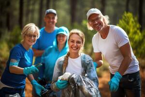 ai generato volontari con spazzatura borse pulizia foresta su un' caldo estate giorno, un' gruppo di allegro volontari, giovane e vecchio, lavori insieme per pulito su il ambiente, ai generato foto