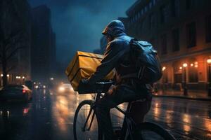 ai generato consegna uomo con un' pacchetto su un' bicicletta nel il pioggia. consegna concetto, un' Corriere cavalcate un' bicicletta attraverso un' piovoso sera o notte città, ai generato foto