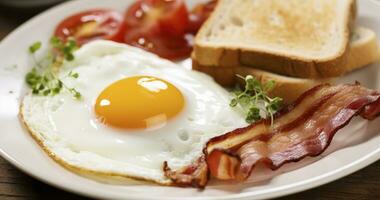 ai generato assaporando il classico combinazione di Bacon, fritte uova, e crostini per un' sostanzioso prima colazione foto