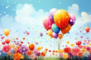 ai generato colorato palloncini volante al di sopra di il prato con fiori e cielo sfondo, un' colorato carta con palloncini e fiori, ai generato foto