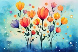 ai generato acquerello primavera sfondo con tulipani. mano disegnato vettore illustrazione, un' colorato carta con palloncini e fiori, ai generato foto
