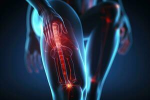 ai generato femmina corpo con evidenziato ginocchio dolore su blu sfondo. 3d illustrazione, 3d reso illustrazione di un' corpo, ginocchio dolore, ai generato foto