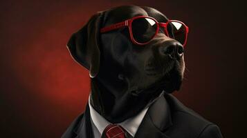 ai generato nero laboratorio indossare occhiali da sole al di sopra di rosso cravatta nel nero vestito, foto