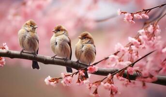 ai generato uccelli su il ramo contro ciliegia fiorire fiori, foto