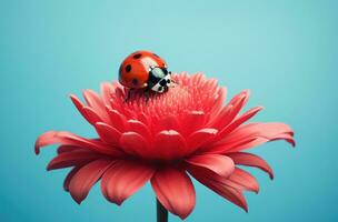 ai generato un coccinella si siede su un' rosso fiore, foto