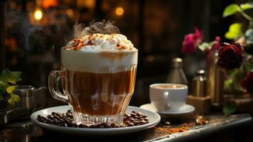 ai generato mattina armonia, Perfetto cappuccino e d'oro fagioli nel il caldo leggero di il caffè macchina. generativo ai, foto