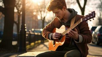 ai generato un' giovane uomo si siede su un' panchina per giocare il suo chitarra, foto