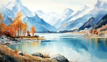 ai generato un autunno acquerello pittura di un' lago e montagne, foto
