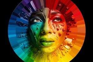 ai generato donna viso in mostra un' spettro di emozioni disposte nel un' colore ruota, sottolineando il diversità e complessità di sentimenti foto