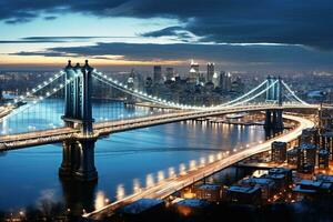 ai generato panoramico Visualizza di un' inverno nuovo York città orizzonte, con il città luci riflettendo via il ghiacciato superfici e la creazione di un' magico, illuminato ponti foto