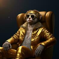 ai generato un' uomo nel animale costumi si siede nel un' pelle sedia indossare occhiali da sole e un' giacca, foto