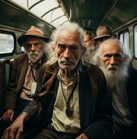 ai generato un' gruppo di vecchio uomini siamo a piedi su un' treno, foto