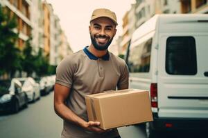 ai generato consegna Corriere servizio. consegna uomo nel Marrone berretto e uniforme Tenere un' cartone scatola vicino un' furgone camion consegna per cliente casa. sorridente uomo postale consegna uomo consegna pacchetto. foto