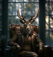 ai generato un' cervo uomo vestito nel pelle seduta su un' sedia, foto