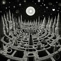ai generato nero e bianca grunge geometrico tribale labirinto. surreale stile. foto