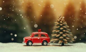 ai generato un' rosso auto con Natale albero seduta su superiore, guida attraverso il boschi, foto