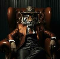 ai generato un' tigre seduta nel il completo da uomo e cappello, foto