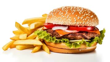 ai generato grande singolo hamburger al formaggio con francese patatine fritte isolato su bianca sfondo foto