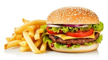 ai generato grande singolo hamburger al formaggio con francese patatine fritte isolato su bianca sfondo foto