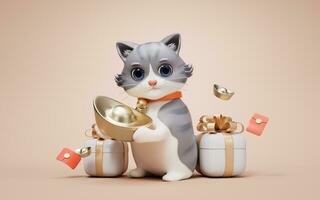 3d cartone animato stile carino gatto e Cinese oro lingotto, 3d resa. foto