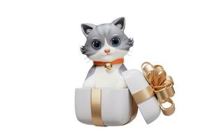 3d cartone animato stile carino gatto e regalo scatola, 3d resa. foto